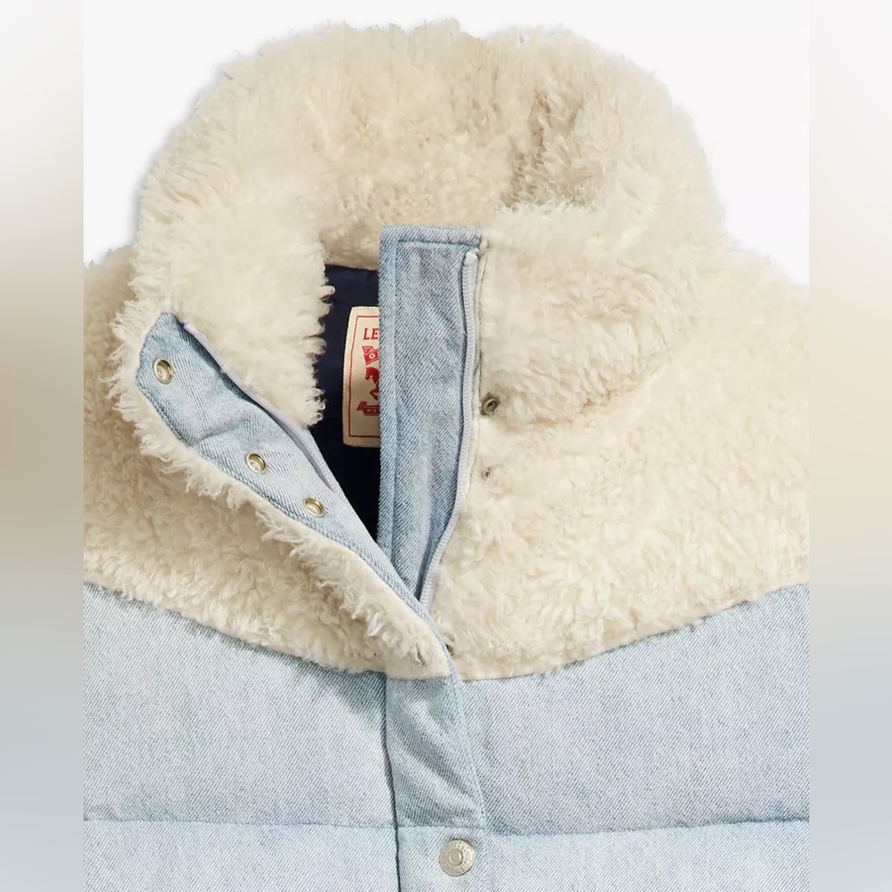 Levi’s Juno Western Down Crop Chambray Sherpa Puffer Light Denim Coat Sz XS - Picture 12 of 16